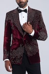 Shop_Sarab Khanijou_Wine Velvet Embroidered Beads Tuxedo Set _Online_at_Aza_Fashions