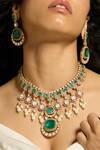 Shop_Joules By Radhika_Green Pearls, Stones Verdant Polki Geometric Drop Necklace Set_at_Aza_Fashions