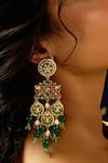 Shop_joules by radhika_Green Stone Royal Heritage Floral Carved Earrings _at_Aza_Fashions