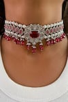 Buy_Prerto_Red Ruby Stone Pearl Line Drop Diamond Necklace Set _at_Aza_Fashions