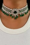 Buy_Prerto_Green Emerald Pearl Line Drop Diamond Necklace Set _at_Aza_Fashions