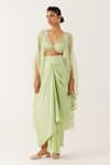 Buy_Devnaagri_Green Silk Satin Embroidery Dori Open Bloom And Sequin Cape & Draped Skirt Set _at_Aza_Fashions