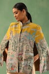 Buy_DUSALA_Yellow Fine Wool Silk Print Kalamkari Band Collar Ezra Folklore Cape _Online_at_Aza_Fashions