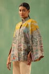 Shop_DUSALA_Yellow Fine Wool Silk Print Kalamkari Band Collar Cape _Online_at_Aza_Fashions