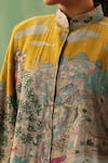 DUSALA_Yellow Fine Wool Silk Print Kalamkari Band Collar Cape _at_Aza_Fashions