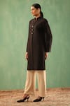 Buy_DUSALA_Black Wool Blend Solid Band Collar Long Jacket _Online_at_Aza_Fashions