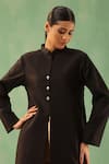 Shop_DUSALA_Black Wool Blend Solid Band Collar Long Jacket _Online_at_Aza_Fashions