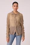 Buy_Scarlet Sage_Beige 100% Polyester Pleat Collared Paige Sheer Shirt _at_Aza_Fashions