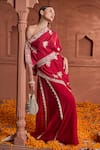 Tasuvure Indes_Red Georgette Fabric Embroidered Off Shoulder Floral Cape With Flared Pant _at_Aza_Fashions