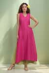 Buy_Khwaab by Sanjana Lakhani_Fuchsia Cotton Linen V Neck Hannah Straight Kurta And Palazzo Set _at_Aza_Fashions