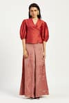 Buy_Madder Much_Red 100% Handloom Chanderi Tissue Zari Agra Folksy Wrap Top With Flared Pant _at_Aza_Fashions