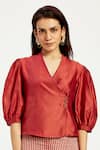 Shop_Madder Much_Red 100% Handloom Chanderi Tissue Zari Agra Folksy Wrap Top With Flared Pant _at_Aza_Fashions