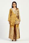 Shop_Madder Much_Gold 100% Handloom Chanderi Tissue Cusco Bow Blazer With Peeking Sun Trouser _Online_at_Aza_Fashions