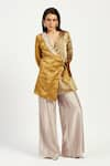 Buy_Madder Much_Gold 100% Handloom Chanderi Tissue Zari Cusco Bow Blazer With Wide Leg Pant _at_Aza_Fashions