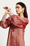 Shop_Madder Much_Red 100% Handloom Chanderi Tissue Zari Flynn Stripe Pattern A-line Dress _Online_at_Aza_Fashions