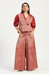 Buy_Madder Much_Red 100% Handloom Chanderi Tissue Agra Box Pleats Waistcoat And Retro Pant Set _at_Aza_Fashions