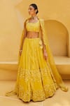 Buy_Prevasu_Yellow Blouse And Dupatta Net Embroidered Sequin Daffodils Floral Lehenga Set _at_Aza_Fashions