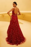 Shop_Prevasu_Red Net Embroidered Sequin Square Floral Gown _at_Aza_Fashions