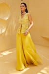 Buy_Prevasu_Yellow Jacket Net Embroidered Sequin V-neck Floral Divided Skirt With _at_Aza_Fashions