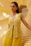 Prevasu_Yellow Jacket Net Embroidered Sequin V-neck Floral Divided Skirt With _Online_at_Aza_Fashions