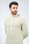 Shop_Rabani & Rakha_Green Linen, Cotton, Silk Embroidery Thread Work Kurta With Pant _Online_at_Aza_Fashions