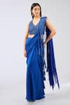 Buy_Rabani & Rakha_Blue Chiffon Embroidered Lace Work V-neck Sairra Pre-draped Saree With Blouse _at_Aza_Fashions