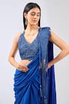 Rabani & Rakha_Blue Chiffon Embroidered Lace Work V-neck Sairra Pre-draped Saree With Blouse _Online_at_Aza_Fashions