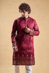 Shop Arihant Rai Sinha Maroon , Satin Embroidery Start Straight Kurta With Churidar Online at Aza Fashions Shop_Arihant Rai Sinha_Maroon , Satin Embroidery Start Straight Kurta With Churidar _Online_at_Aza_Fashions