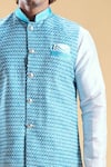 Shop_Aryavir Malhotra_Sky Blue Jacquard Embroidery Floral Geometric Nehru Jacket And Churidar Set _Online_at_Aza_Fashions