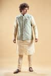 Shop_Aryavir Malhotra_Green Soft Jacquard Floral Nehru Jacket And Churidar Set _Online_at_Aza_Fashions