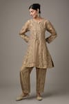 Buy_STUDIO A_Gold Tissue Embroidery Zari Notched Paisley Dori A-line Kurta With Pant _at_Aza_Fashions