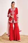 Buy_Suruchi Parakh_Red Georgette Embroidered Cutdana Round Floral Jacket Kurta Sharara Set _at_Aza_Fashions