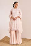 Buy Suruchi Parakh Peach Georgette Sequins, Pearls Round Neck Blossom Embroidered Kurta Sharara Set at Aza Fashions Buy_Suruchi Parakh_Peach Georgette Sequins, Pearls Round Neck Blossom Embroidered Kurta Sharara Set _at_Aza_Fashions