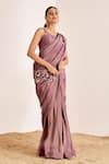 Shop_Suruchi Parakh_Purple Georgette, Silk Embroidery, Sequins Square Floral Saree With Blouse _at_Aza_Fashions