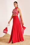 Shop_Suruchi Parakh_Red Georgette Embroidery, Sequins Halter Neck Floral Top And Skirt Set _Online_at_Aza_Fashions