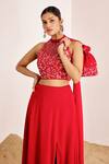 Suruchi Parakh_Red Georgette Embroidery, Sequins Halter Neck Floral Top And Skirt Set _at_Aza_Fashions