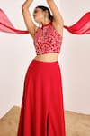 Buy_Suruchi Parakh_Red Georgette Embroidery, Sequins Halter Neck Floral Top And Skirt Set 
