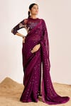 Buy_Suruchi Parakh_Wine Organza Embellished Floral Frilled Sequin Saree With Sheer Yoke Blouse _at_Aza_Fashions