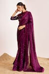 Suruchi Parakh_Wine Organza Embellished Floral Frilled Sequin Saree With Sheer Yoke Blouse _Online_at_Aza_Fashions