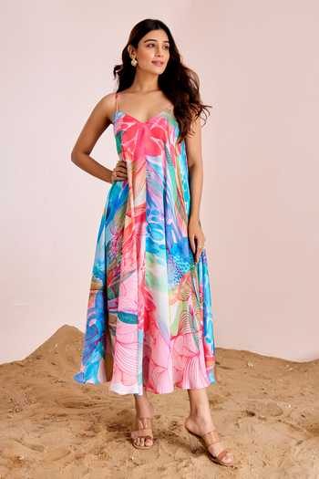 Buy_Suruchi Parakh_Multi Color Silk, Satin Sweetheart Neck Abstract Print Pleated Dress _at_Aza_Fashions