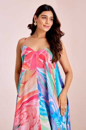 Shop_Suruchi Parakh_Multi Color Silk, Satin Sweetheart Neck Abstract Print Pleated Dress _Online_at_Aza_Fashions