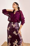 Shop_Suruchi Parakh_Purple Organza, Georgette Sequins Collared Embellished Sheer Shirt And Skirt Set _Online_at_Aza_Fashions