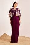Suruchi Parakh_Purple Georgette Sequins Round Neck Pre-draped Saree And Embellished Cape Set _Online_at_Aza_Fashions