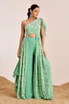Buy_Suruchi Parakh_Green Georgette, Organza Floral Print Front Cut Tunic With Flared Pant _at_Aza_Fashions
