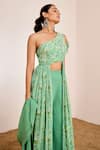 Suruchi Parakh_Green Georgette, Organza Floral Print Front Cut Tunic With Flared Pant _at_Aza_Fashions