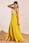 Suruchi Parakh_Yellow Georgette Embroidery Mirror Asymmetric One Shoulder Blouse And Skirt Set _at_Aza_Fashions