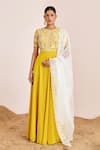 Buy_Suruchi Parakh_Yellow Georgette Embroidery Thread Crew Neck Floral Yoke Anarkali With Dupatta _at_Aza_Fashions