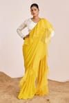 Buy_Suruchi Parakh_Yellow Georgette Embroidery Sequin V Neck Pre-draped Ruffle Saree With Blouse _at_Aza_Fashions