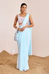 Suruchi Parakh_Blue Georgette Embroidery Mirror Leaf Neck Pre-draped Saree With Work Blouse _Online_at_Aza_Fashions