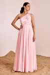 Buy_Suruchi Parakh_Pink Georgette Embroidery Thread Asymmetric One Shoulder Gown _at_Aza_Fashions